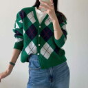 2color レディース カーディガン ボタン 前開き アーガイル Vネック ショート丈 ニット おしゃれ オシャレ お洒落 春夏 春 秋冬 秋 冬 ママ ママ...