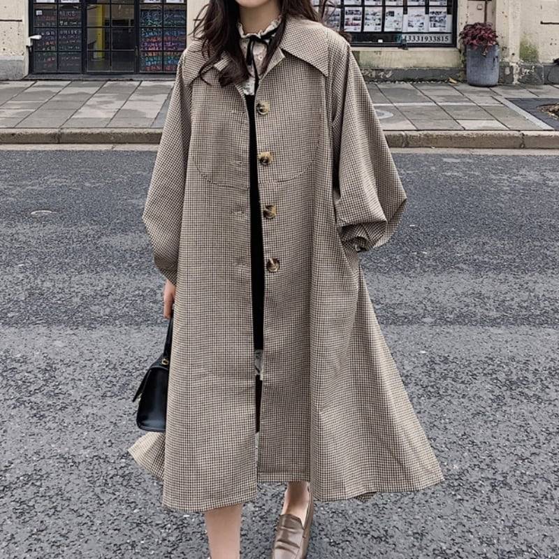 レディース コート トレンチコート ロングコート 襟付き チェック グレンチェック ロング丈 前開き ボタン 秋冬 秋 冬 ママ ママコーデ 20代 30代 40代 デート お出かけ 普段使い 韓国 トレンド かわいい 可愛い 大人 大人女子