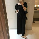 オールインワン サロペット ロングパンツ ワイド ワイドパンツ ミモレ丈 ミモレ アンクル丈 半袖 スクエアネック パフスリーブ シャーリング シック スタイリッシュ シンプル 春夏 春 夏 秋冬 秋 韓国 トレンド 大人かわいい ビーチ 海外旅行