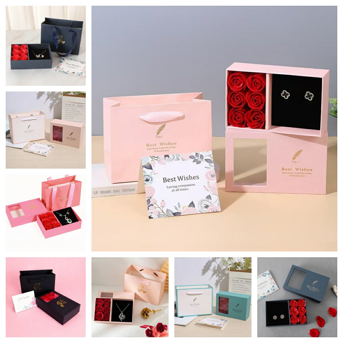 バラ 指輪置き ギフトバッグ ギフトボックス ブラック ジュエリー収納 旅行 告白 トラベル プロポーズ 指輪 ブレスレット 箱 母の日プレゼントフェスティバルジュエリーギフトボックス、永遠のローズネックレスブレスレットレディースギフトボックス2点選択お得