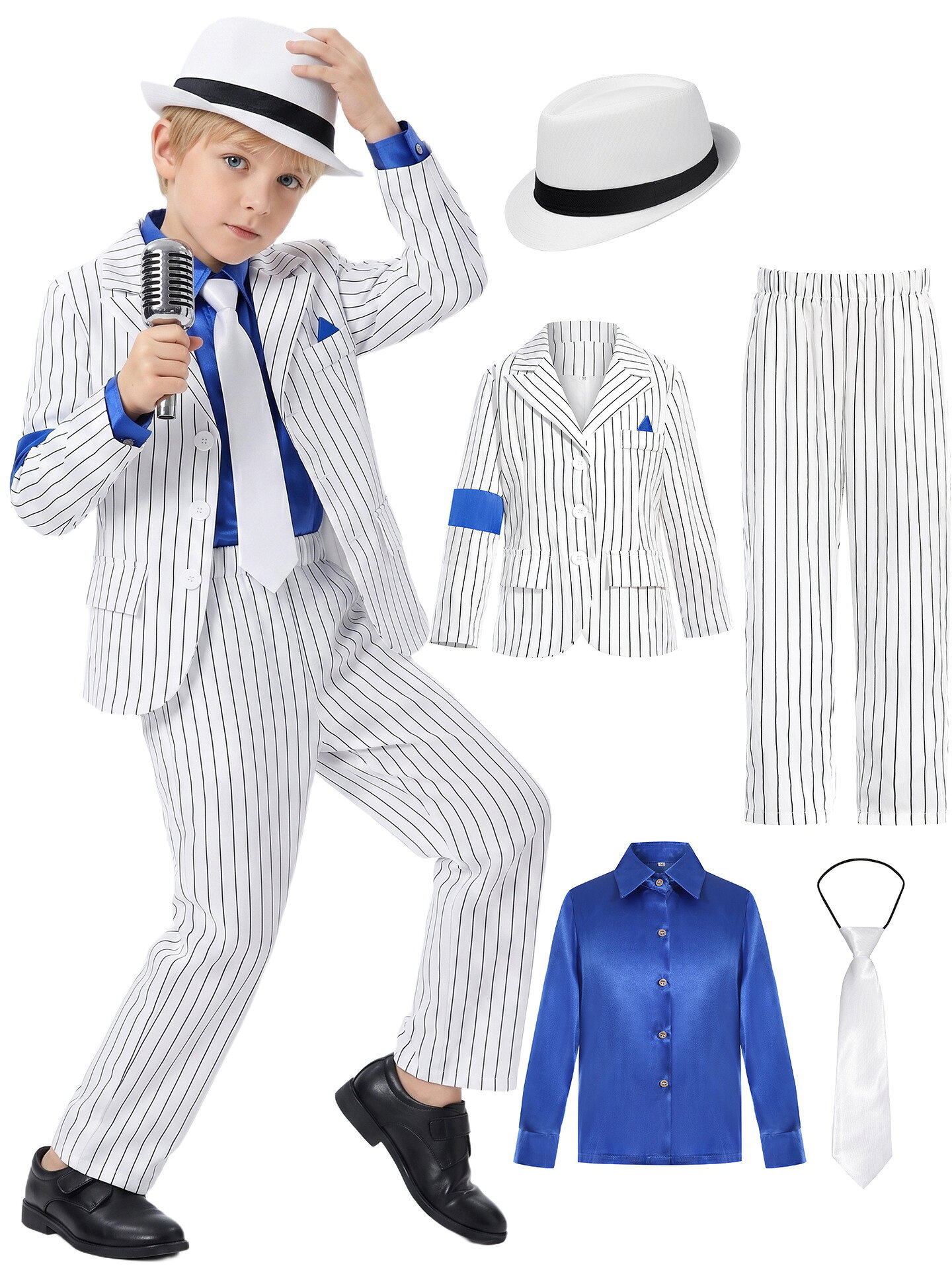 マイケル・ジャクソン 子供用 コスプレ衣装 フルセット｜ジャケット T シャツ パンツ ハット 手袋 シューズカバー 男女兼用 仮装 変装 ハロウィン 学園祭 ステージ演出 5点セット子供用