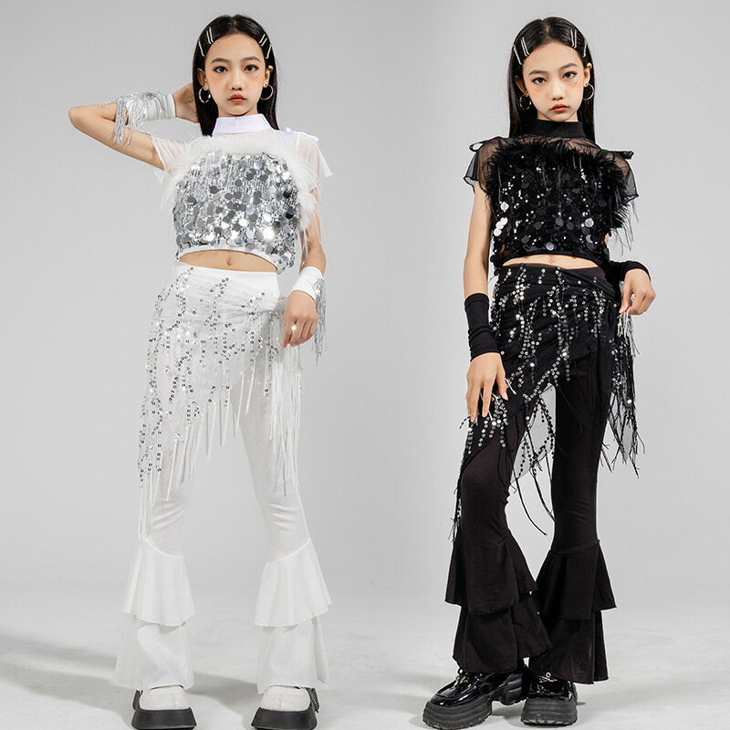 Rakuten - スパンコール ダンス衣装 4点セットアップ 子供服 キッズ 女の子 ヘソ出し キラキラ ガールズ hiphop kpop ジュニア 子供用 大人用 社交 ジャズチア チアガール 衣装 演出服 練習着 団体服 発表会