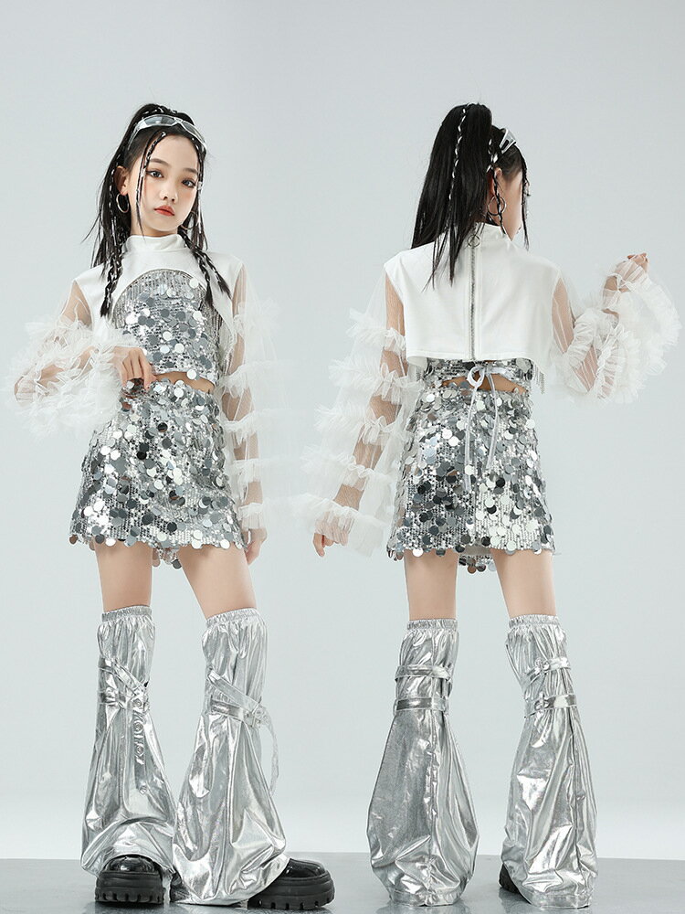 樂天商城 - キッズダンス衣装4点セット キッズ 子供用 ダンス 衣装 セットアップ トップス キャミソール スカート レッグウォーマー ヒップホップ 衣装 長袖 トップス かっこいい 女の子 ジャズダンス 発表会 HIPHOP