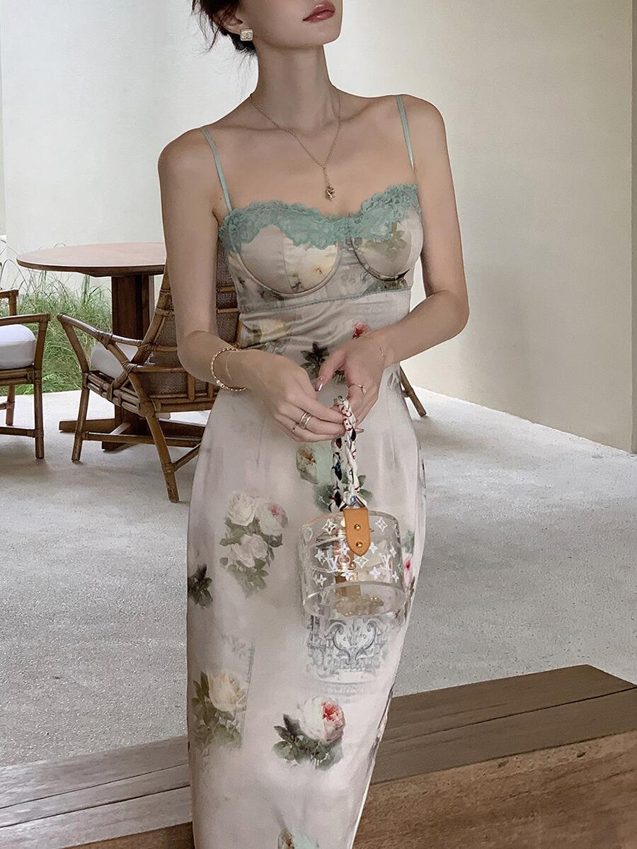 乐天商城 - 女性ビンテージフローラルプリントニットハイストレッチスパゲッティストラップミニドレスセクシーなローブレースプリントとロマンチックな火花を組み合わせたデザイン感夏の新作フィットレトロなキャミソールロングスカート
