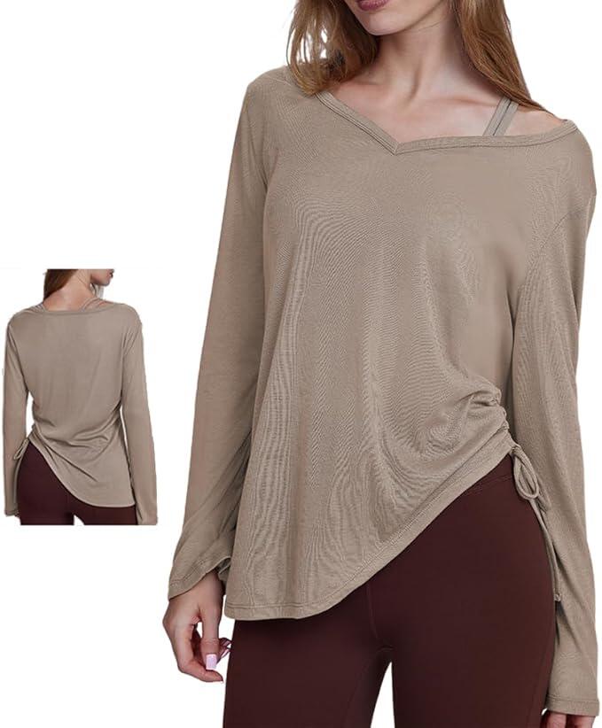 ヨガウェア トップス スポーツ シャツ レディース 長袖 ピラティスウェア 部屋着 ングtシャツ レディース ストレッチ 吸汗速乾 快適 おしゃれ 体型カバー ゆったり 薄手 ヒップカバー サイドプリーツ 巾着 秋 通気