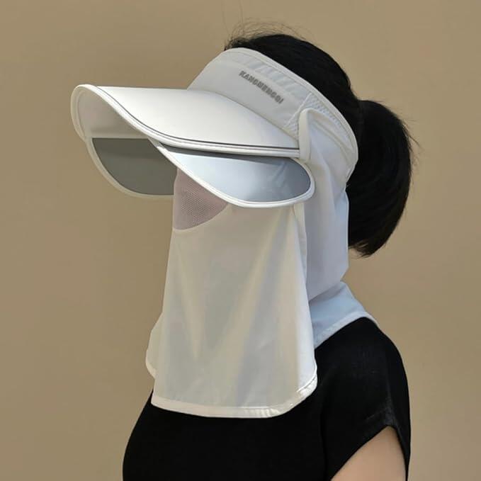 Sun Visor - UVカット 帽子 サンシェード フェイスカバー付き 日焼け対策 つば広 花粉対策 ハット レディース サンバイザー サイズ調節 小顔効果 フェイスカバー 折りたたみ 持ち運び便利 丸洗い可 吸汗速乾 農作業 園芸 アウトドア