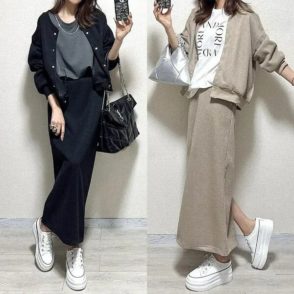 Rakuten - 2点セット レディース アウター＆ロングスカート 上下セットアップ スカートスーツ 春服 秋服 夏服 ジャケット ストレート 後ろスリット 無地 カジュアル ゆったり シンプル 大人 可愛い オシャレ リゾート 春 夏 秋