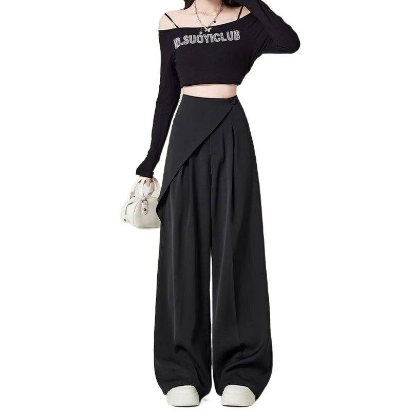 Rakuten - レディース ストレート ロングパンツ 不規則 フェイク ワイドパンツ 春夏 ゆったり おしゃれ 体型カバー 脚長見え 日常