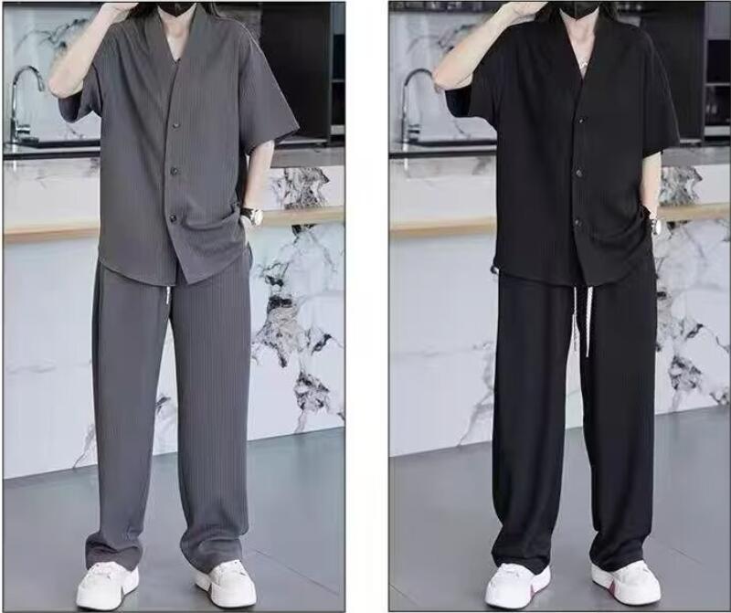 乐天商城 - 半袖シャツセット 夏用カップル 日焼け防止ジャケット ツーピースセットセットアップ上下セットアップ 夏服 カーディガン アウター 半袖開襟シャツ ロングパンツ ワイドパンツパンゆったり 涼しい 縦シワ加工 ジャージ オフィスカジュアル 無地 吸汗速乾 通気性 パンハーフ