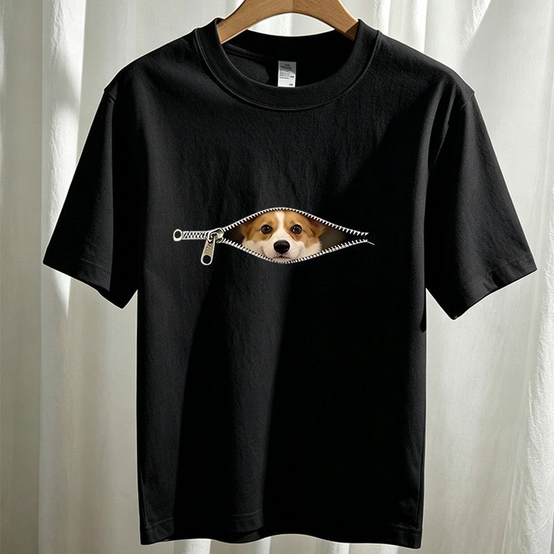 Rakuten - ジッパー柴犬半袖 Tシャツ ゆったり 大きめ こっそり見ている 　 デザイン プリント カジュアル レディースメンズ　男女兼用　夏