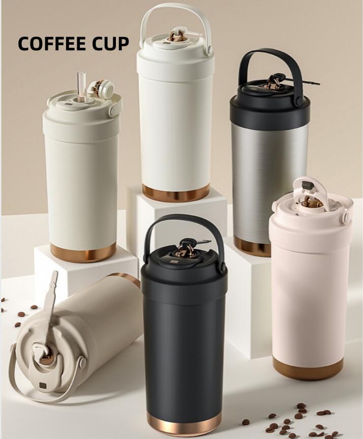 真空断熱秋冬夏春保温保冷タンブラーストロー付き水筒 取っ手付き 持ち運び 直飲み 蓋付き 溢れない ステンレス製 保冷 保温 コーヒー 炭酸対応 洗いやすい 女の子 男の子男女兼用 子供 人気 おしゃれ ファション