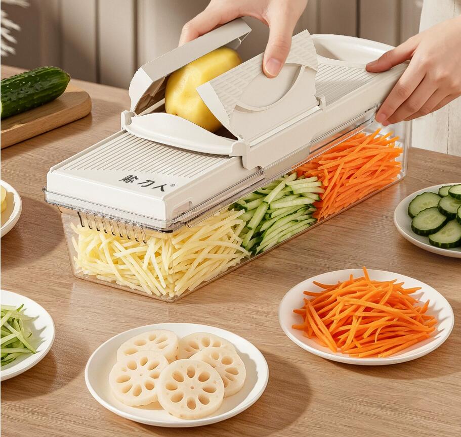 多機能ガーリックプレス＆野菜スライサー 千切りや超薄切りができる野菜カッター シュレッダー チョッパーとして多用途に活躍 幅広ハンドガード付きで手を守り作業負担を軽減 ご家庭の調理に便利なキッチン調理器具