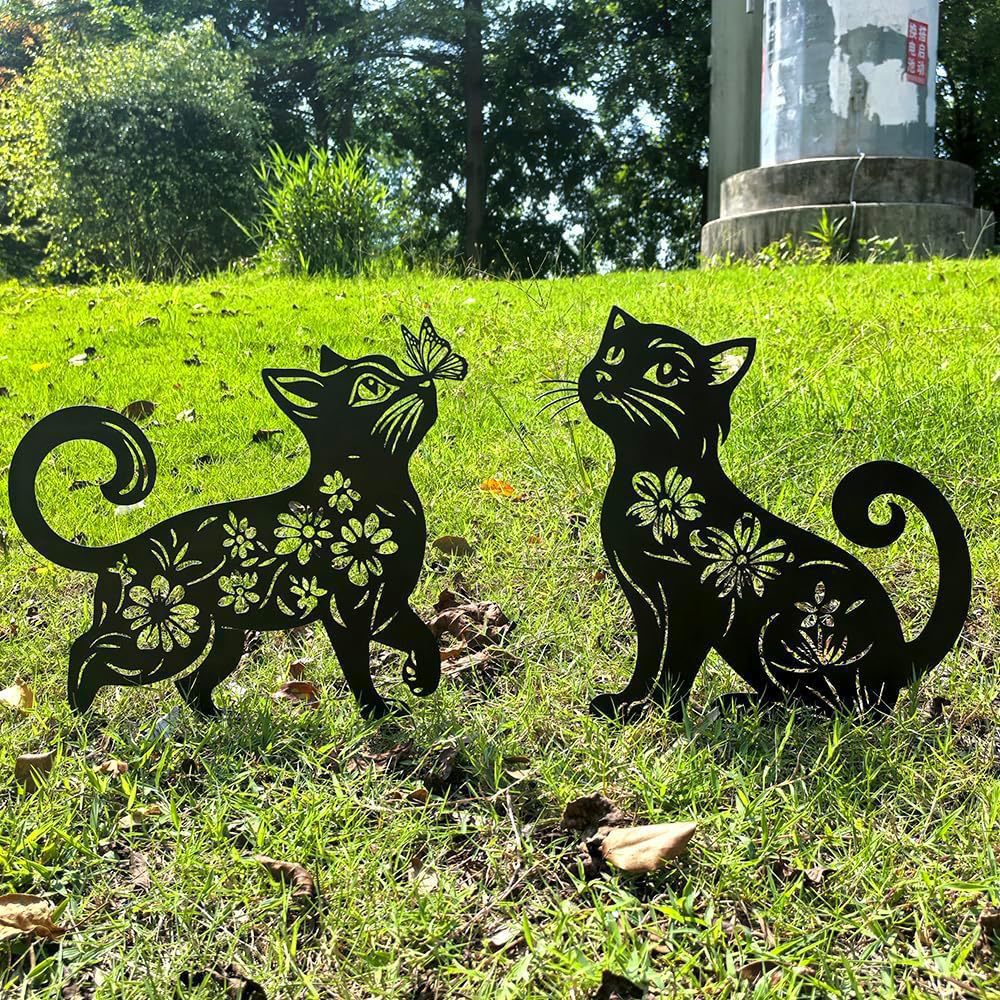 乐天商城 - 黒猫シルエット ガーデンステーク 2個セット 花柄デザイン アイアン製 地面挿し込み式 装飾品 ヨーロピアンスタイル 庭園装飾　庭飾り