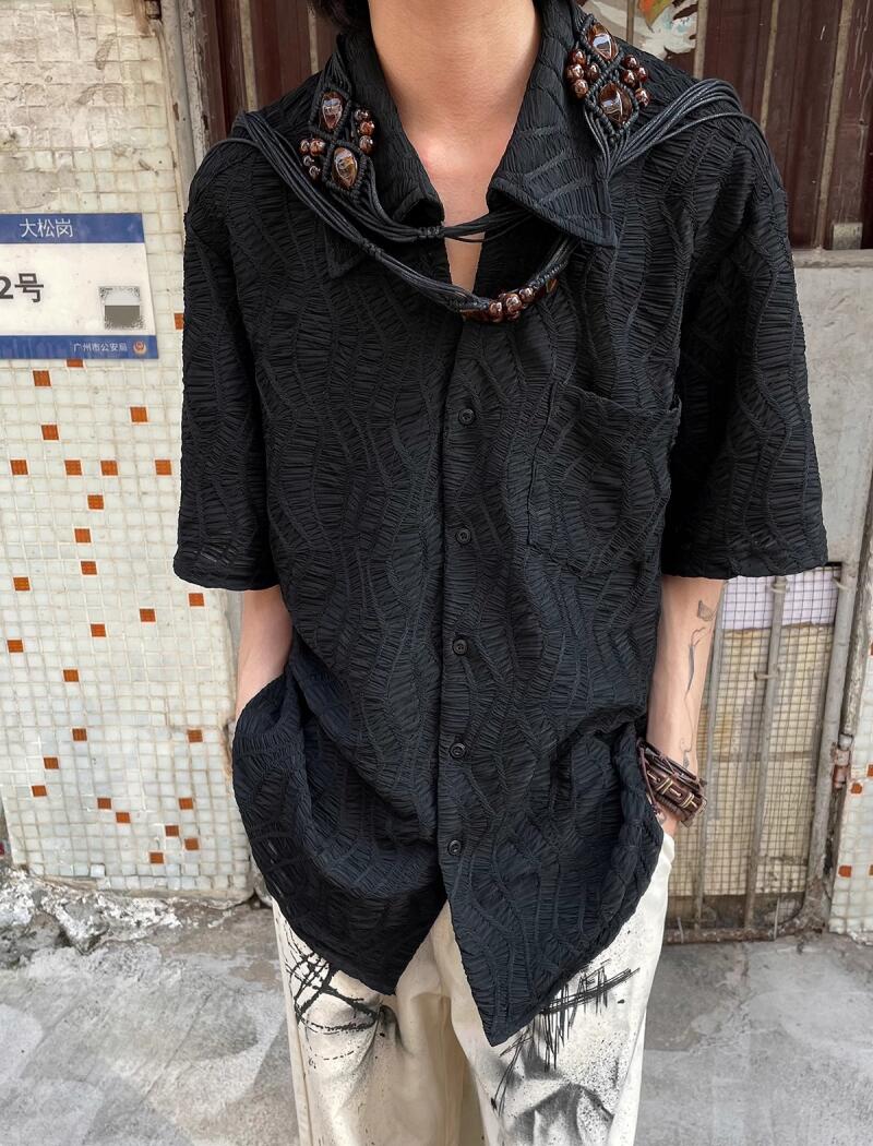 乐天商城 - シャツ 襟付き 体型カバー シアー モード 無地 ブラック ゆったり 透け感 ファション　お洒落メンズ