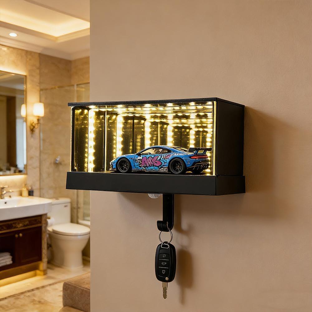 カーキーホルダー 壁掛け LEDハンガー - インフィニティミラー ガレージ カーキーハンガー レースカー ホルダ、小さな光るガレージのオートキ/ーディスプレイ、玄関用装飾 小物収納
