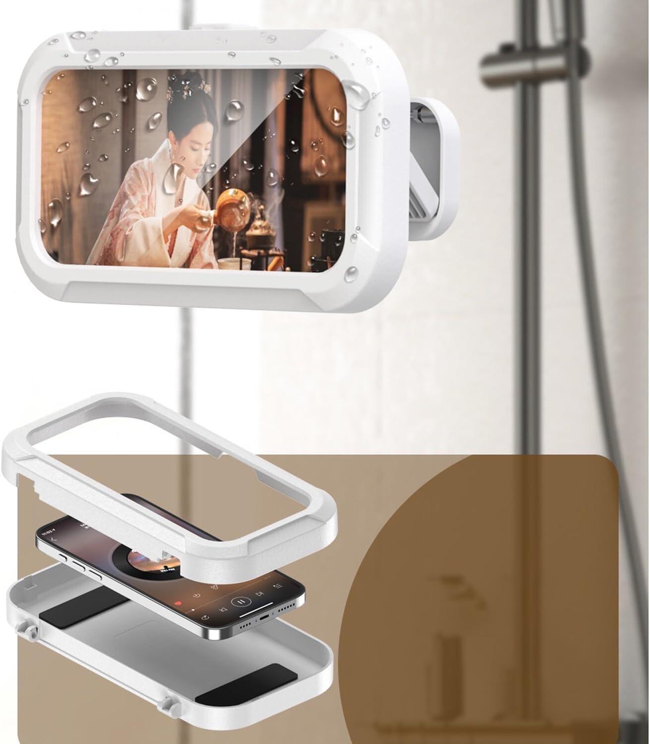 スピーカーを搭載した浴室用スマートフォン防水ケース スタンドで360度回転 収納できるので、シャワー中でも音楽を楽しめます強力な粘着力で携帯電話やキッチンスタンドを横向き縦向きにしっかりと固定できます。iPhone 16 Plus Pro Max、Xperia、Androidデバイスに対応