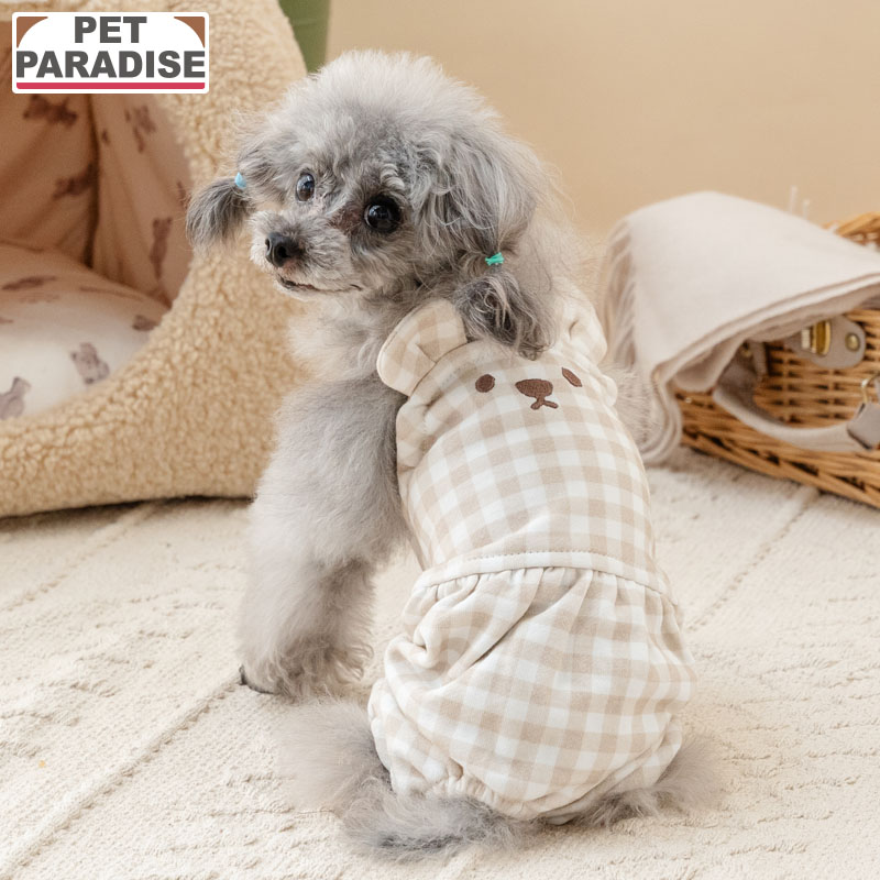 犬 服 秋 くまちゃん お顔 オーバーオール 小型犬 | ブラウン ギンガムチェック サロペット ブランド カジュアル おしゃれ かわいい かっこいい