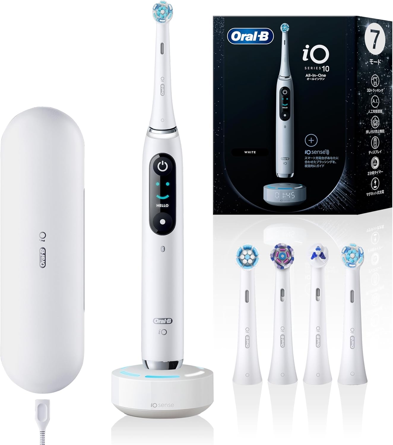 ブラウン 電動歯ブラシ オーラルB iO10 替えブラシ 5本 iO Sense iOM10.53.1A WT ホワイト 【最上位モデル】 7モード 4種類 付属 ブラシ トラベル ケース 付 アプリ 連動 オールインワンケア 電動 歯ブラシ 歯磨き 歯 歯垢 清潔 健康 充電式 バッテリー 旅行 自宅