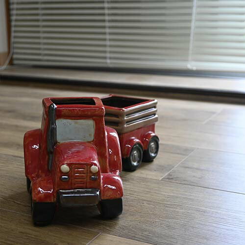 フラワーカップ 赤い連結トラック 鉢陶器 置物 かわいい置物車 くるま 荷車小物入れ玄関、お部屋にも。プレゼントにもどうぞ。