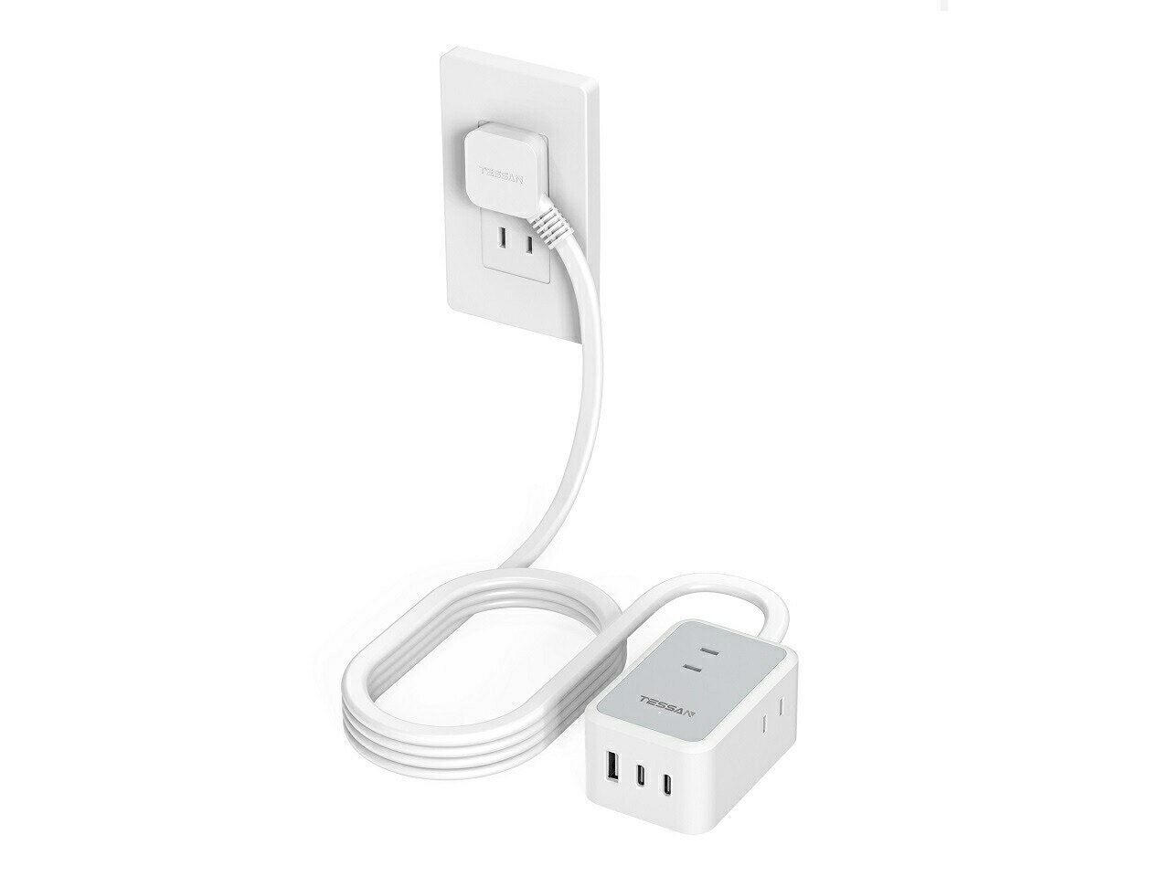 【正規品】TESSAN コード式6ポート 電源タップ PS01DJP 送料無料 延長コード 2m 2メートル 長い 電源コード コンセント USBポート 延長USBポート USB−A USB−C Type−C タイプC 差し込み口 6台同時 たこ足配線 2