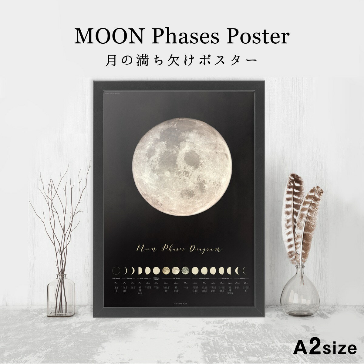 月の満ち欠けポスター A2 size アートポスター 天体 神秘的 暦 満月 おしゃれ インテリア 大きい 北欧 ミニマルマップ