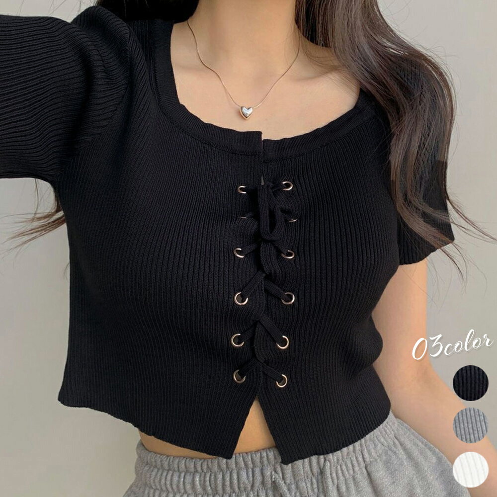 【最大50%OFFクーポンで,1145円】サマーニット ショート丈 ニットトップス レースアップ プルオーバー 半袖クロップド丈 ニットカットソー ラウンドネック 韓国春夏コンパクトニットソー カジュアル miniministore 1DIEYI-001のサムネイル