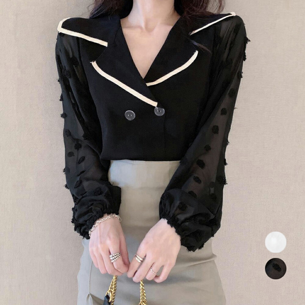 楽天miniministore【最大50％OFFクーポンで,1695円】ブラウス レディース長袖ニットドッキング Vネック ニットブラウス ダブルブレスト 袖切り替え おしゃれニットトップス オフィスカジュアル 大人可愛い 韓国春秋夏 miniministore 1ZHJF-030