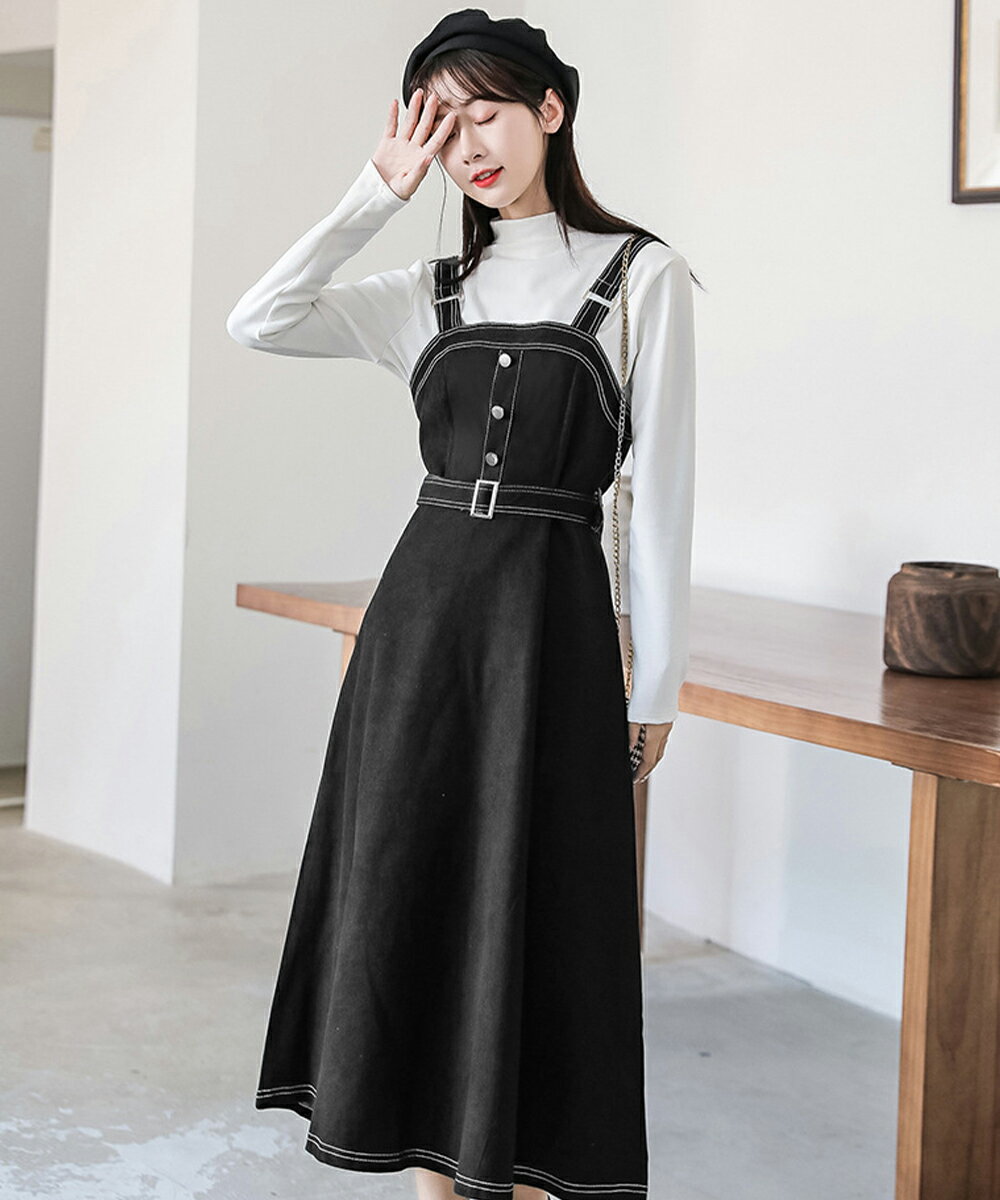 【50%OFFクーポンで,2545円】ジャンパースカート サロペットワンピース ベルト付き 配色ステッチ Aラインワンピース レディース ハイウエスト ジャンスカワンピース 重ね着 サロペットスカート miniministore 2DAIWEI-001