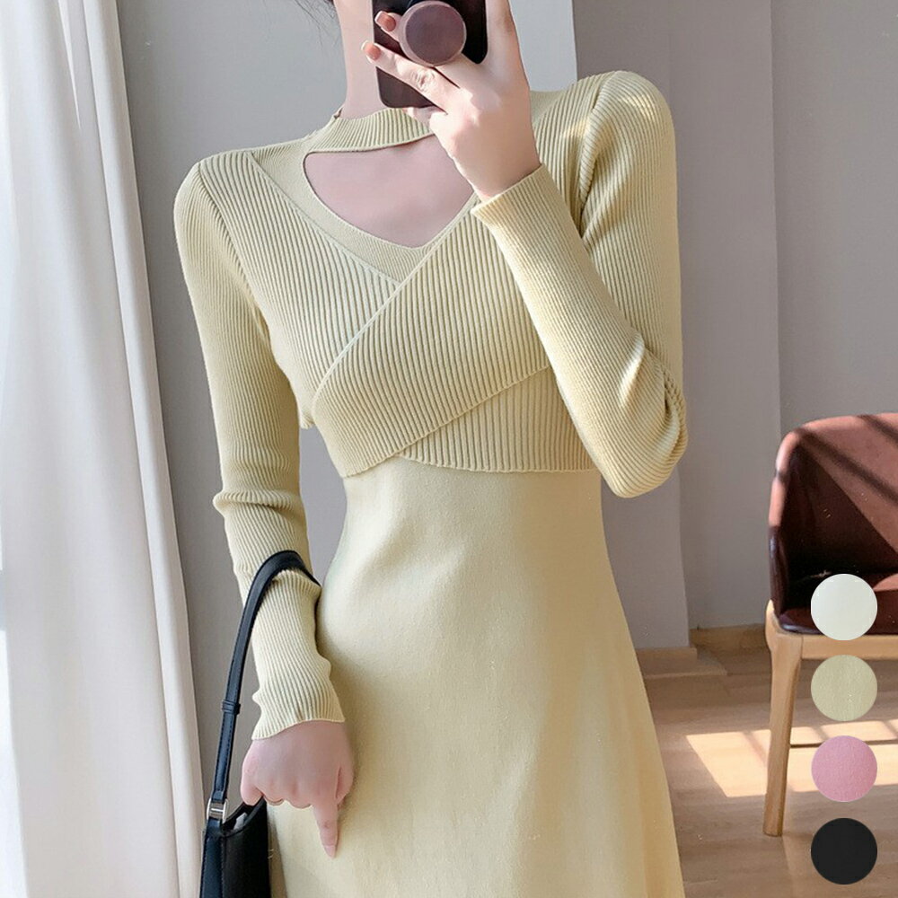 【35%OFFクーポンで,3763円】クロス ニットワンピース レディース長袖 カシュクール ロングワンピース 秋冬 オフィスカジュアル フレアワンピ キレイめ パーティー 着やせ 体型カバー大人女性 miniministore 2NVRJ-009のサムネイル