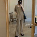 セットアップ レディース 夏服体型カバー ゆったり アンサンブル 着やせ おしゃれ 半袖カットソー フレアパンツ 冷感タッチ 上下セット 無地 韓国 ハイウエス...