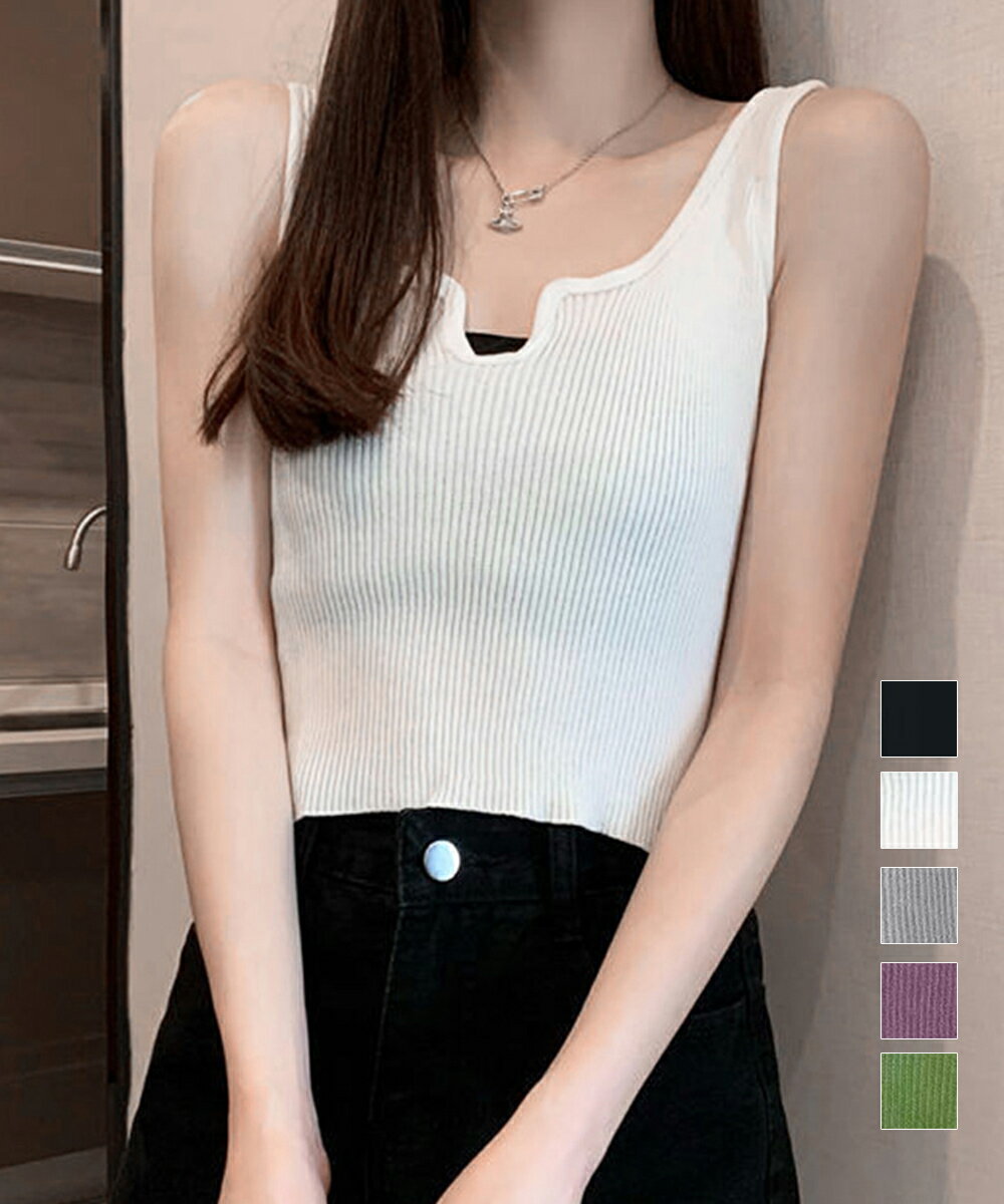 【35%OFFクーポンで,1618円】タンクトップ へそ出し サマーニット ノースリーブ ショート丈トップス セクシー リブニット Uネック 着回し ニットソー 大人カジュアル 見せインナー 無地 miniministore 77BYFS-032のサムネイル