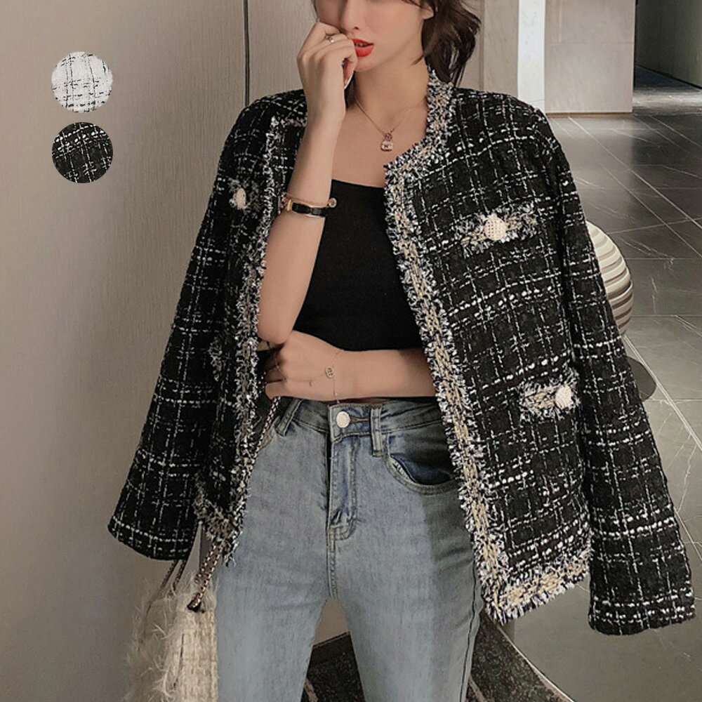 楽天miniministore【最大50％OFFクーポンで,2795円】ツイード風 ジャケット レディース韓国風 チェック柄 ブレザージャケット ノーカラー 秋冬 ライトアウター カーディガン きれいめ 長袖 トップス オシャレ大人 miniministore 80YT-017