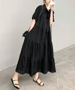 リボンタイ ティアードワンピースミモレ丈 体型カバーロングワンピース きれいめ ゆったりワンピース 半袖 着やせワンピ おしゃれ オフィスカジュアル 韓国風 旅行 miniministore 83KANGK-001