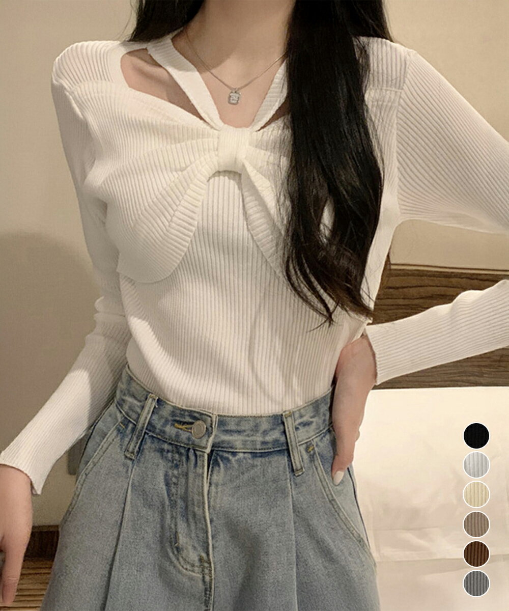 【最大50%OFFクーポンで,1645円】フロントリボンリブニットトップス大人秋服 レディース ホルターネック ニットウエア 普段着 ニットプルオーバー カジュアル ニットセーター 着やせ ニットインナー miniministore 85YN-900407のサムネイル