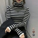 【最大50%OFFクーポンで,1595円】ボーダー柄ニットトップス タートルネック 袖ボタン ニットプルオーバー ハイネック 着回し ニットウェア オフィス シンプル インナーニット 着やせ ニットソー miniministore 85YN-900431|詳細画像