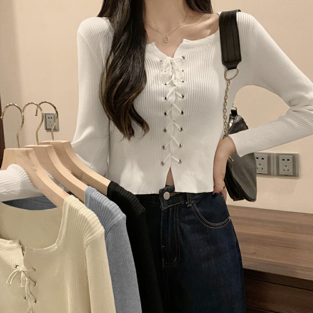 【最大50%OFFクーポンで,1545円】ニットトップス フロントレースアップ秋服 プルオーバー レディース リブ編みニット 着やせ ショート丈 ニットカットソー ラウンドネック カジュアルニットソー　 miniministore 85YN-900509のサムネイル