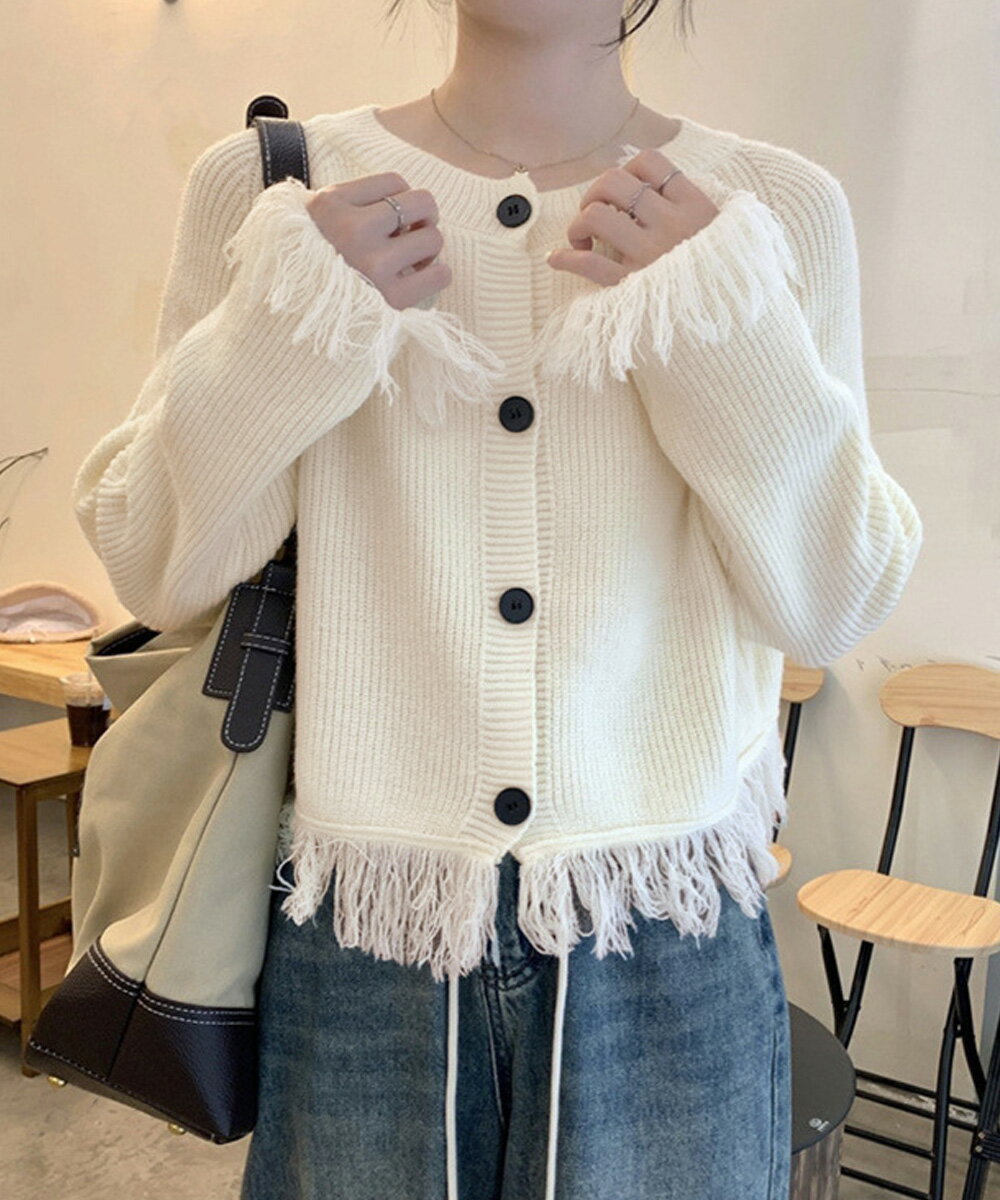 【最大50%OFFクーポンで,2145円】フリンジニットカーディガン クルーネック 大人カジュアル ニットセーター ショート丈 ライトアウター 大人可愛い ニットトップス 通勤通学 ニットウェア miniministore 85YN-900527