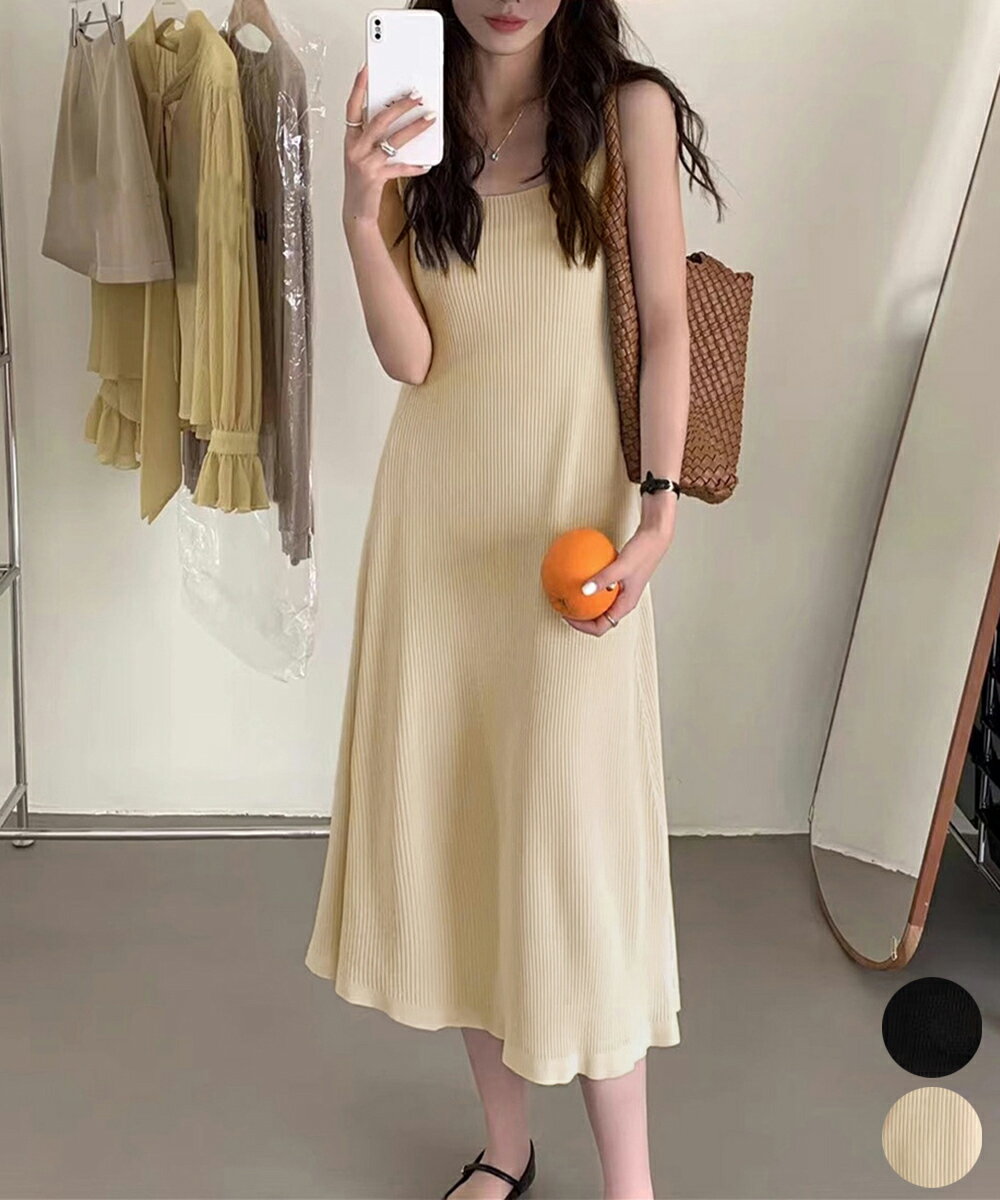 ニットタンクワンピース スクエアネック ニットキャミワンピース レディース Aラインワンピース ノースリーブ 無地 ロングワンピース 着やせフレアワンピ 春夏秋...