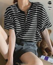 【35%OFFクーポンで,1683円】ボーダー柄tシャツ レディース 半袖夏服 ハーフジップTシャツ 5分袖 着やせ 体型カバーカットソー ゆったり 大人カジュアル プルオーバーラウンドネック 韓国風 miniministore 87CHXN-003