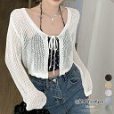 【35%OFFクーポンで,1618円】カーディガン長袖 レディース ショート丈 クロップド丈 ニットカーディガン 薄手 透かし編み サマーニット 夏トップス 前開き へそ出し お洒落 韓国風 リボン miniministore 89KING-014