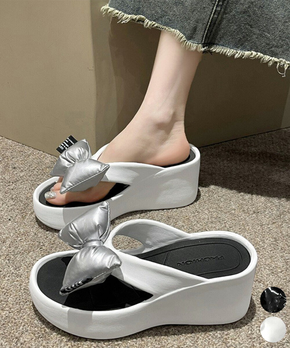 【最大50%OFFクーポンで,2095円】トングサンダル リボン付きビーチサンダル レディース 軽量 厚底サンダル おしゃれ プラットフォームサンダル 歩きやすい サマーサンダル 大人可愛い リゾートくつ miniministore 90JIANLONG-019