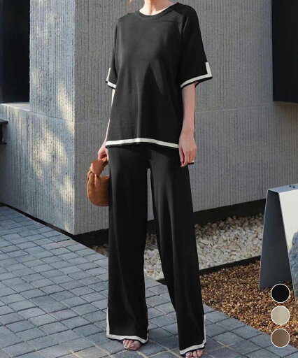 【最大50%OFFクーポンで,2795円】セットアップ 配色スリットニットとパンツ ラウンドネックニット ウエストゴムワイドパンツ オフィスカジュアル服セットアップ 体型カバー半袖2点セット 30代40代 miniministore 90JINLONG-004 【最大50%OFFクーポンで,2795円】セットアップ 配色スリットニットとパンツ ラウンドネックニット ウエストゴムワイドパンツ オフィスカジュアル服セットアップ 体型カバー半袖2点セット 30代40代 miniministore 90JINLONG-004