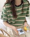 マルチボーダーTシャツ 半袖カットソー夏 レディース 配色プルオーバー クルーネック バイカラー 夏トップス 着やせ おしゃれ カジュアル tシャツ半袖 レトロT miniministore 90QIY-001
