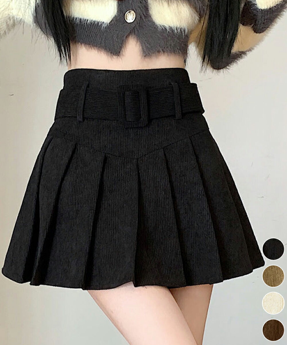 プリーツスカートコーデュロイミニスカート レディース ハイウエスト ショートスカート ベルト付き 韓国風Aラインスカート インナーパンツ付き 着やせボトムスお洒落 miniministore 90XIAOCAI-001