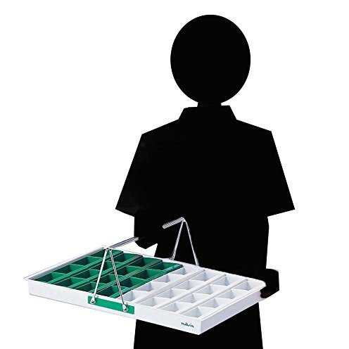整理が一目で分かる散薬トレー。取り出しが簡単です。 個人ケースを使用していますので分包紙がぴったりと納まり、また飛び出る心配もありません。 材質：トレー／耐薬品性塩化ビニル、個人ケース／ABS樹脂 幅×奥行×高さ（mm）：537×340×41.5 重量（g）：1800 ※個人ケース（緑と白）が付属しています。 ※適応個人ケース：NSM-2（0-675-01〜04） 型番：NS-32R(32人用)
