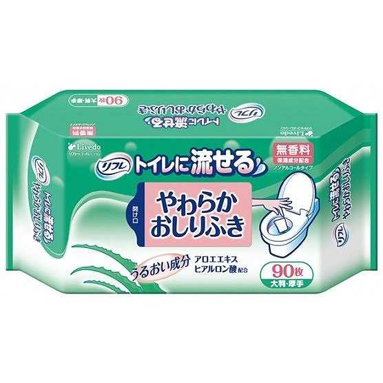 ケース販売 リフレ トイレに流せるやわらかおしりふき 90枚入×12個 92078 リブドゥコーポレーション