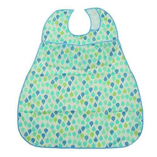 ・食べこぼしをポケットがしっかりキャッチ。 ●サイズ／幅80×丈90cm、首下：71cm ●サイズ（首周り）／26〜42cm ●重さ／約60g ●材質／ポリエステル100％ ●生産国／中国 ●ポケット付 ●洗濯機可（40℃） ●脱水機可 ●乾燥機可（家庭用60℃） ●撥水加工、防水加工