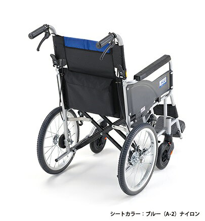 介護ミニロク 楽天市場店のアルミ介助車いす　BAL-R2　ハイポリマー仕様 座幅40cm　ナイロンブルー　A-2 ミキ ワンタッチキャスター着脱｜アングル2