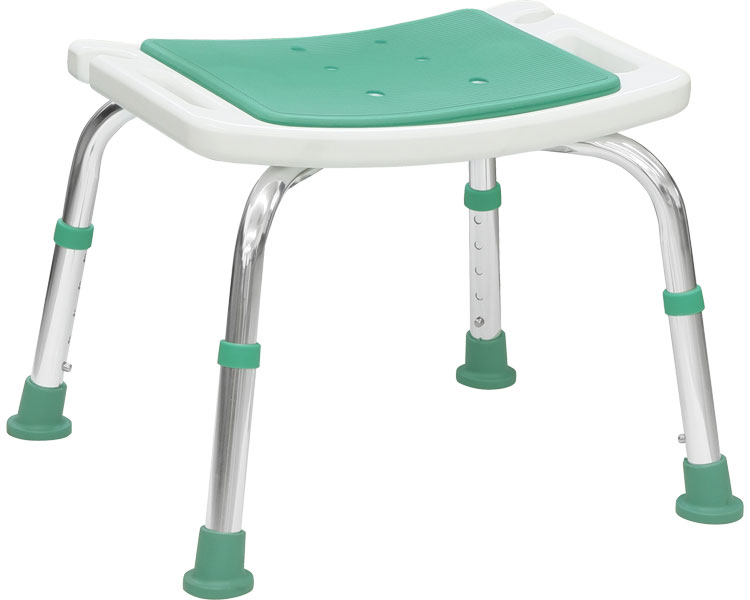 左右にシャワー受け付き 使用時サイズ:背付 約H67～77×W51.5～53×D46～49cm 背無 約H37～47×W51.5～53×D46～49cm 高さ調節:5段階（ピッチサイズ約2.5cm） 座面高:約35.5～45.5cm 座面サイズ:約W45×D31cm 最大使用者体重:100kg 重量:背付 約2.7kg　背無 約1.9kg 材質:本体 アルミ(アルマイト加工)　 座部・背もたれPE座面パット・背もたれパット・ゴムキャップ EVA