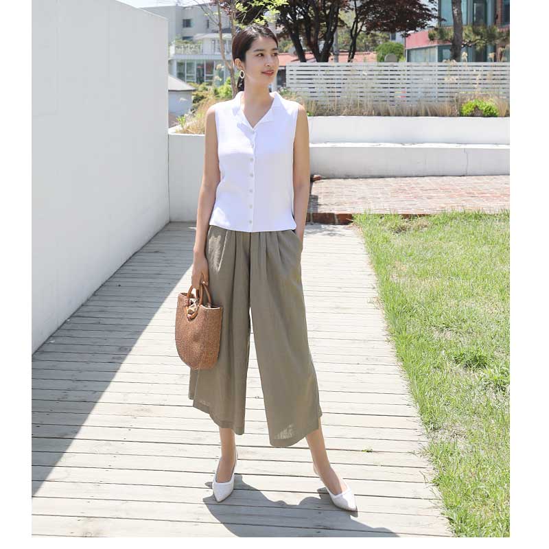 リネン ワイドパンツ ガウチョパンツ クロップドパンツ ハイウエスト タックフレア...